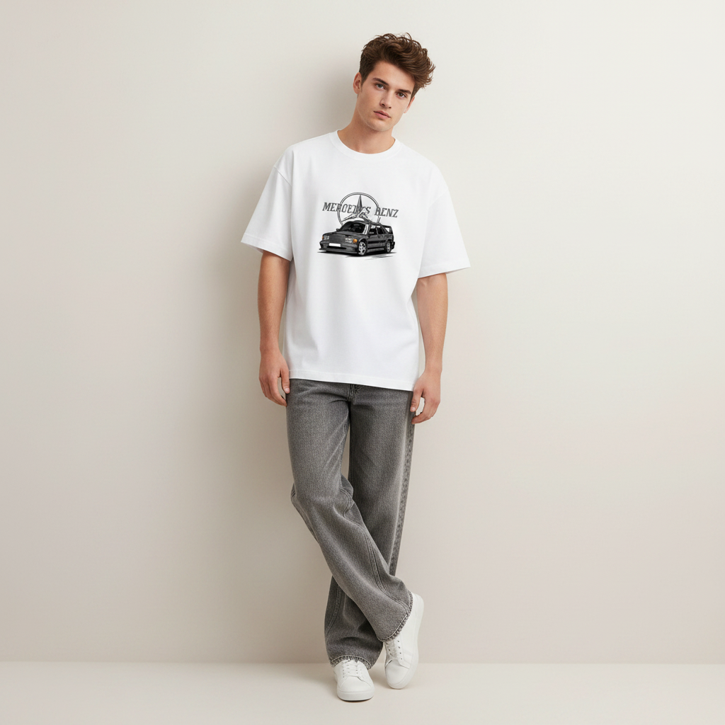 S1 - Model leaning on wall front facing with Mercedes Benz Evolution front print