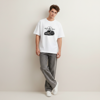 S1 - Model leaning on wall front facing with Mercedes Benz Evolution front print