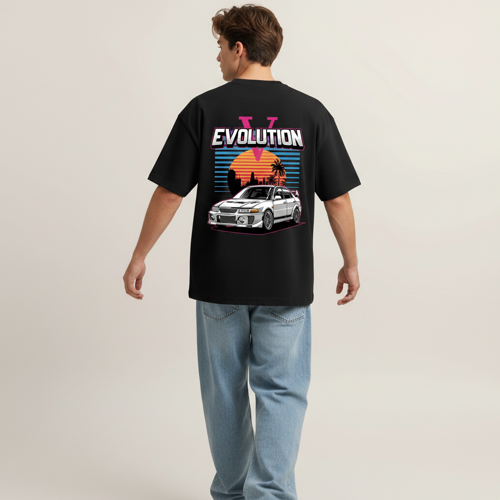 S1 - Model mid-stride back to camera with Lancer Evolution back print
