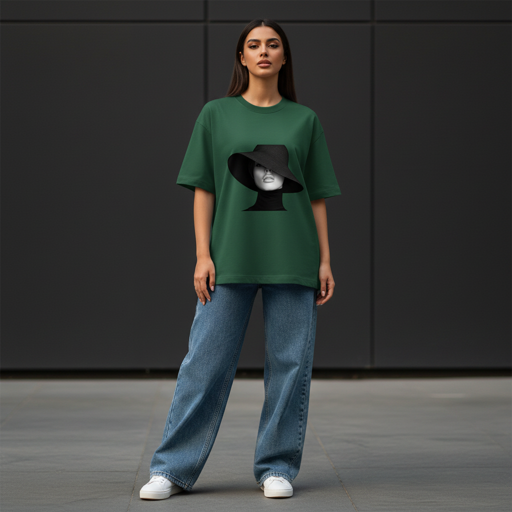 Female model front pose - Middle Eastern - Hat Girl bottle green tee
