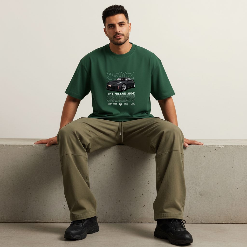 S2 - Model sitting on ledge front facing with Nissan 350Z front print