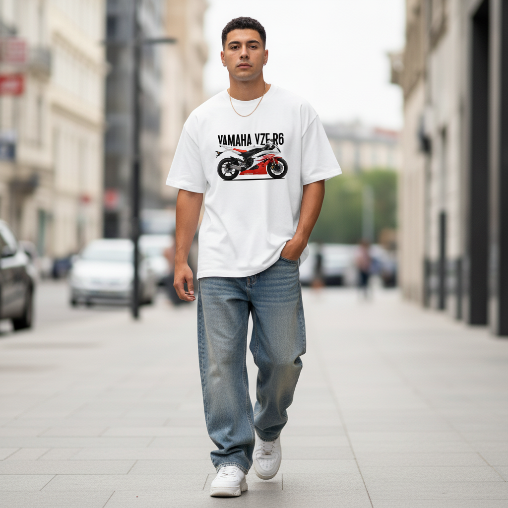 Male model front pose - mid-stride - Yamaha YZF R6 white tee
