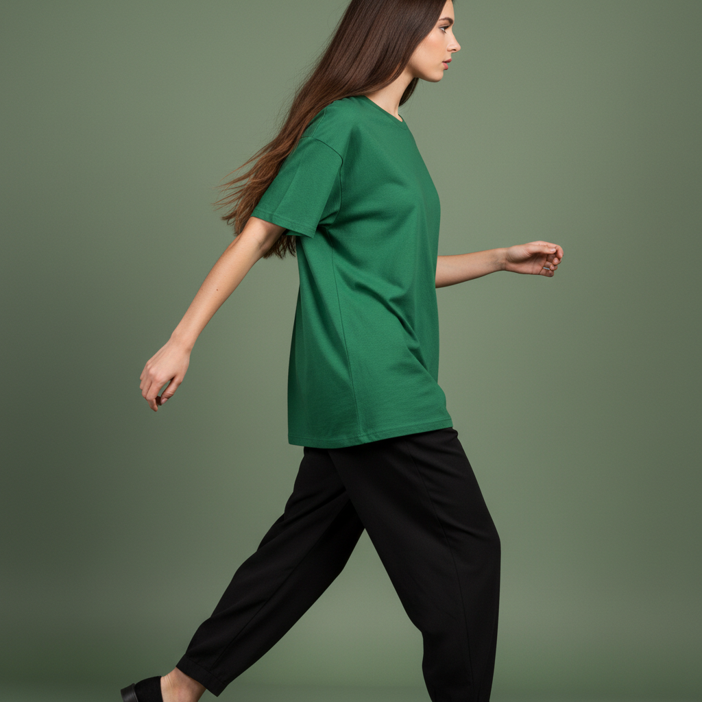 Women Plain Oversized Fit 5-Sleeve Bottle Green - Side Walking