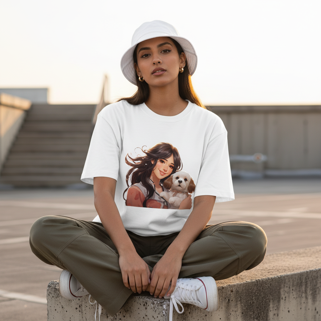 Female model front pose - sitting ledge - anime puppy girl white tee