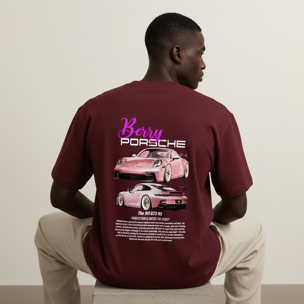 S2 - Model sitting on step with Berry Porsche back print