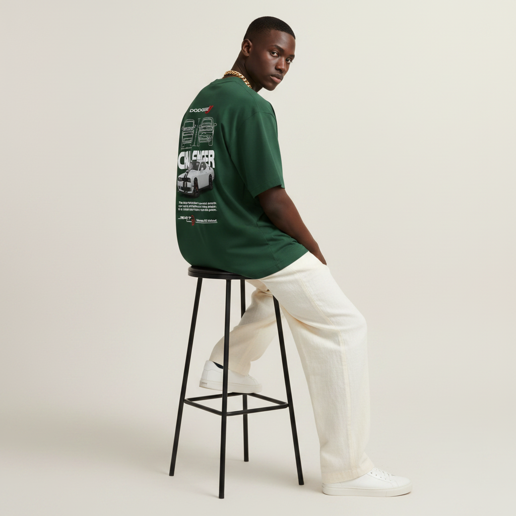 S1 - Model with gold chain sitting on bar stool looking over shoulder with Dodge Challenger back print