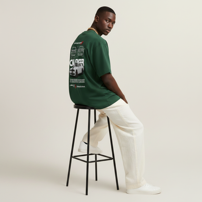S1 - Model with gold chain sitting on bar stool looking over shoulder with Dodge Challenger back print
