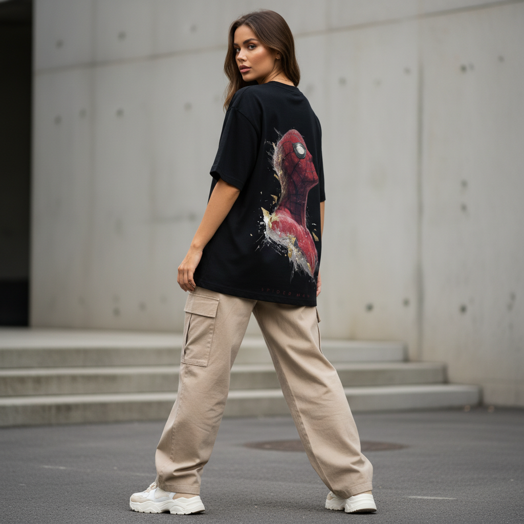 Female model back pose - White Caucasian - Spiderman black tee