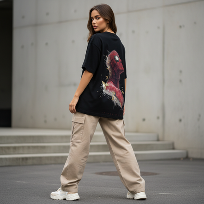 Female model back pose - White Caucasian - Spiderman black tee