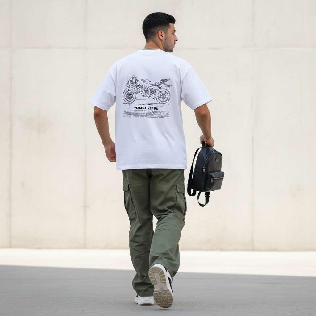 Male model back pose - mid-stride - Yamaha YZF R6 blueprint white tee
