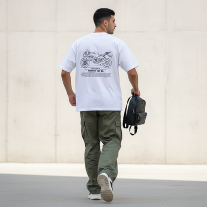 Male model back pose - mid-stride - Yamaha YZF R6 blueprint white tee