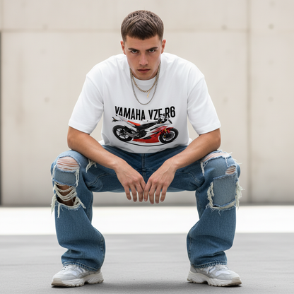 Male model front pose - street crouch - Yamaha YZF R6 white tee