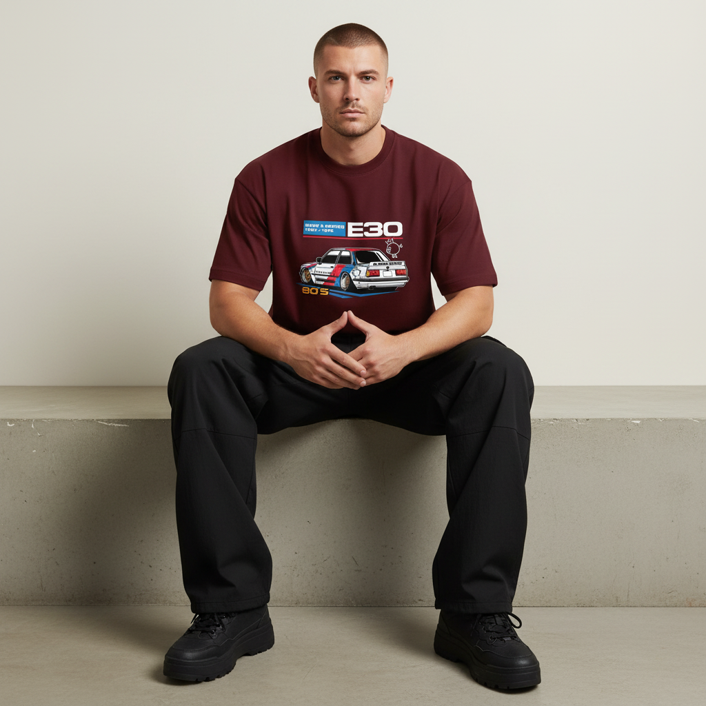 S2 - Model sitting on ledge front facing with BMW E30 front print
