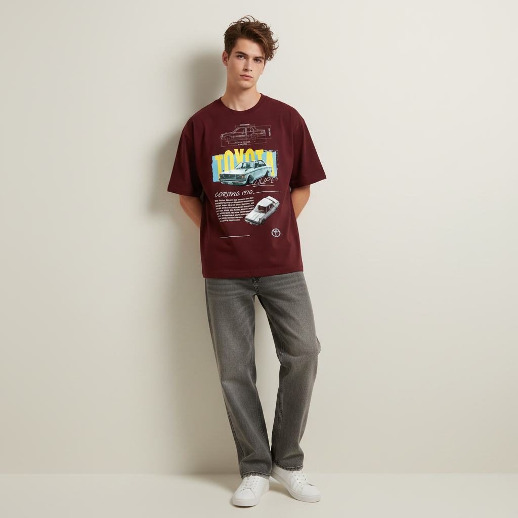 S1 - Model leaning on wall front facing with Toyota Corona front print