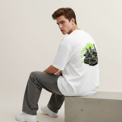 S1 - Model sitting on ledge looking over shoulder with GTR 32 back print