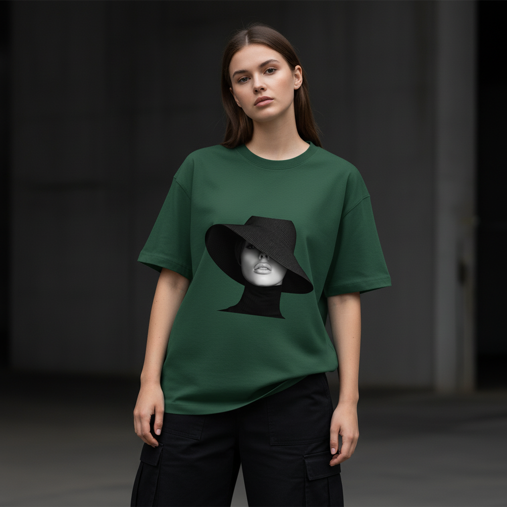 Female model front pose - White Caucasian - Hat Girl bottle green tee