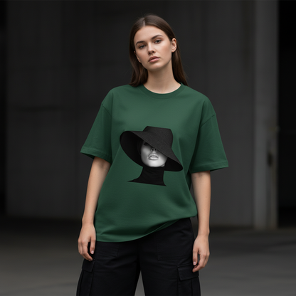 Female model front pose - White Caucasian - Hat Girl bottle green tee