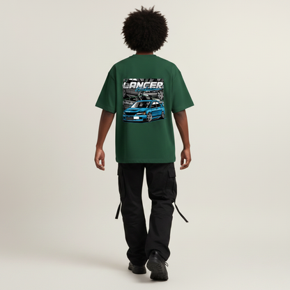 S2 - Model mid-stride walk back to camera with Lancer Evo back print