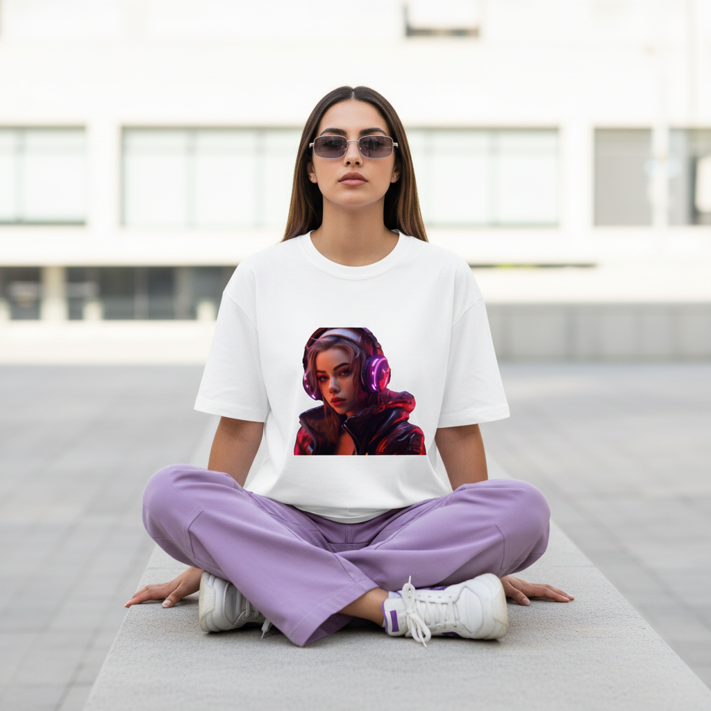 Female model front pose - sitting ledge - DJ girl white tee