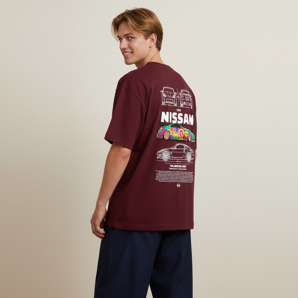 S2 - Model back to camera looking over shoulder with Nissan 350Z back print