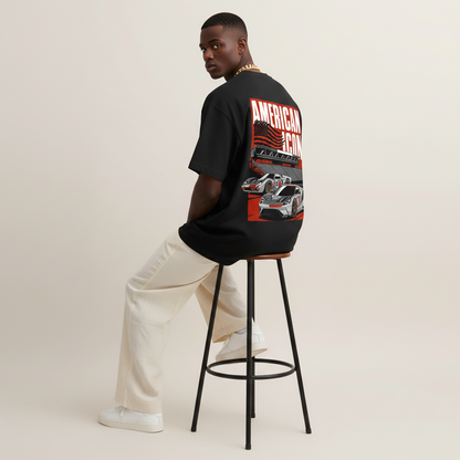 S1 - Model with gold chain sitting on bar stool looking over shoulder with Ford GT back print