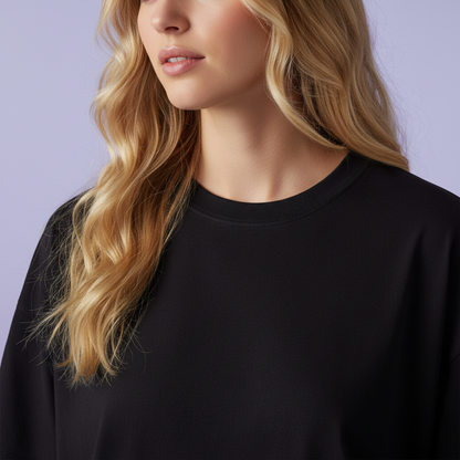 Women Plain Oversized Fit 5-Sleeve Midnight Black - Neck Close-up