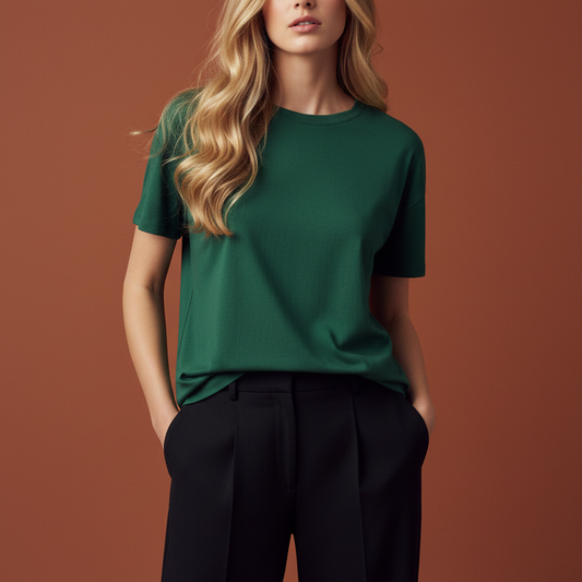 Women Plain Oversized Fit 5-Sleeve Bottle Green - Front View