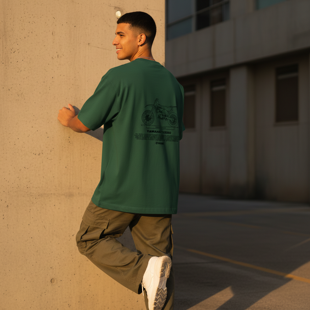 Male model back pose - wall lean golden hour - Yamaha YZ250 bottle green tee