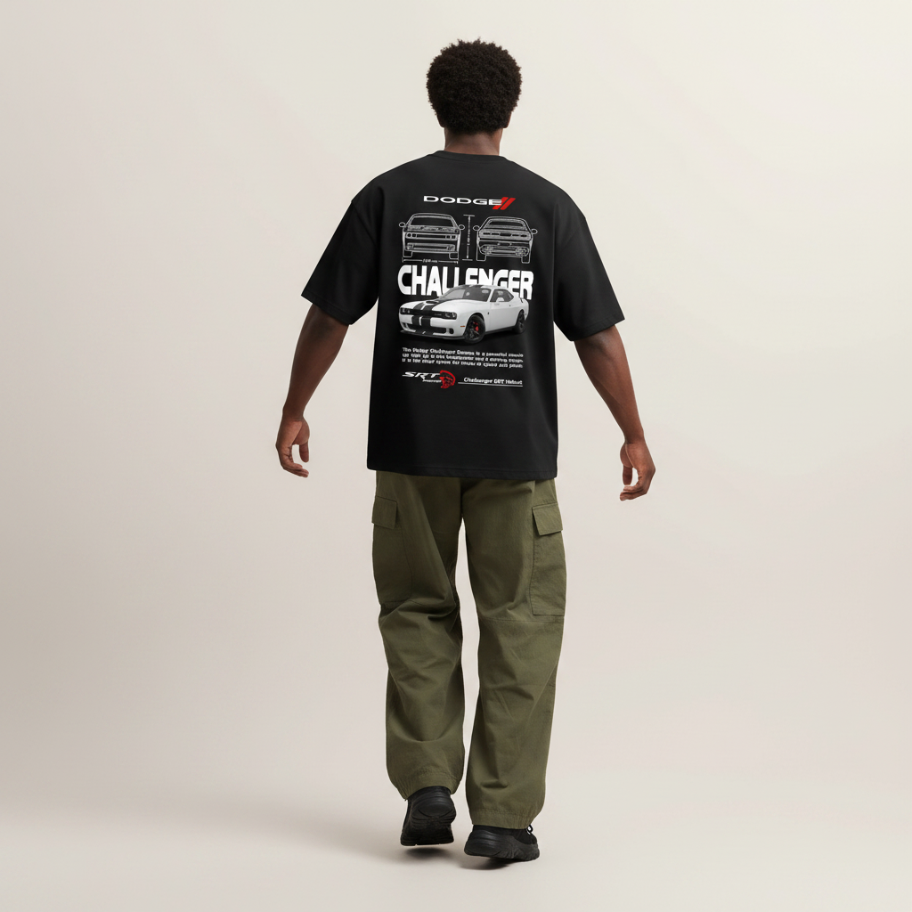 S2 - Model mid-stride walk back to camera with Dodge Challenger back print