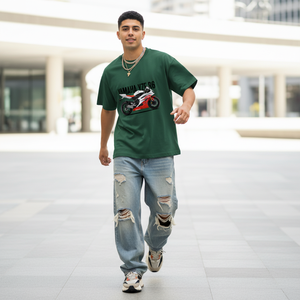 Male model front pose - fast stride - Yamaha YZF R6 bottle green tee
