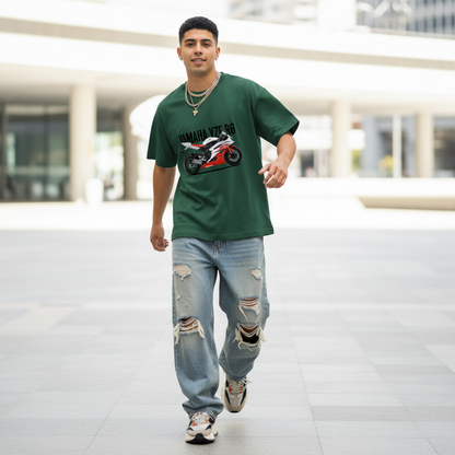 Male model front pose - fast stride - Yamaha YZF R6 bottle green tee