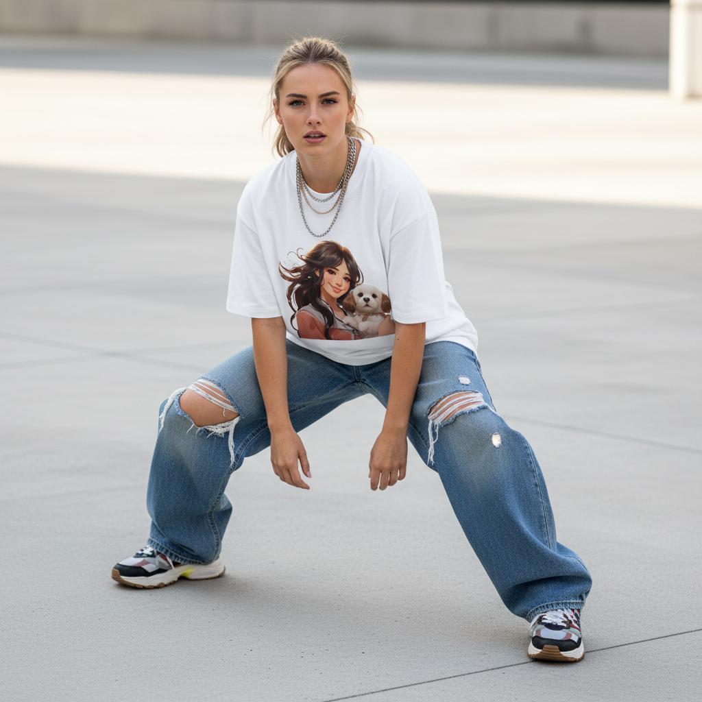 Female model front pose - street crouch - anime puppy girl white tee