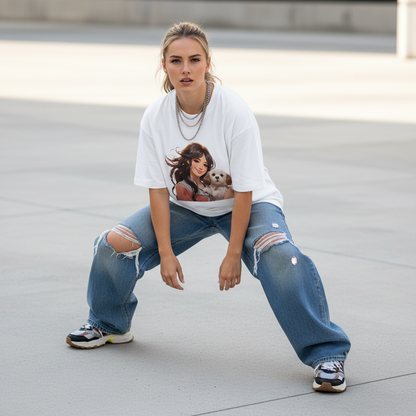 Female model front pose - street crouch - anime puppy girl white tee