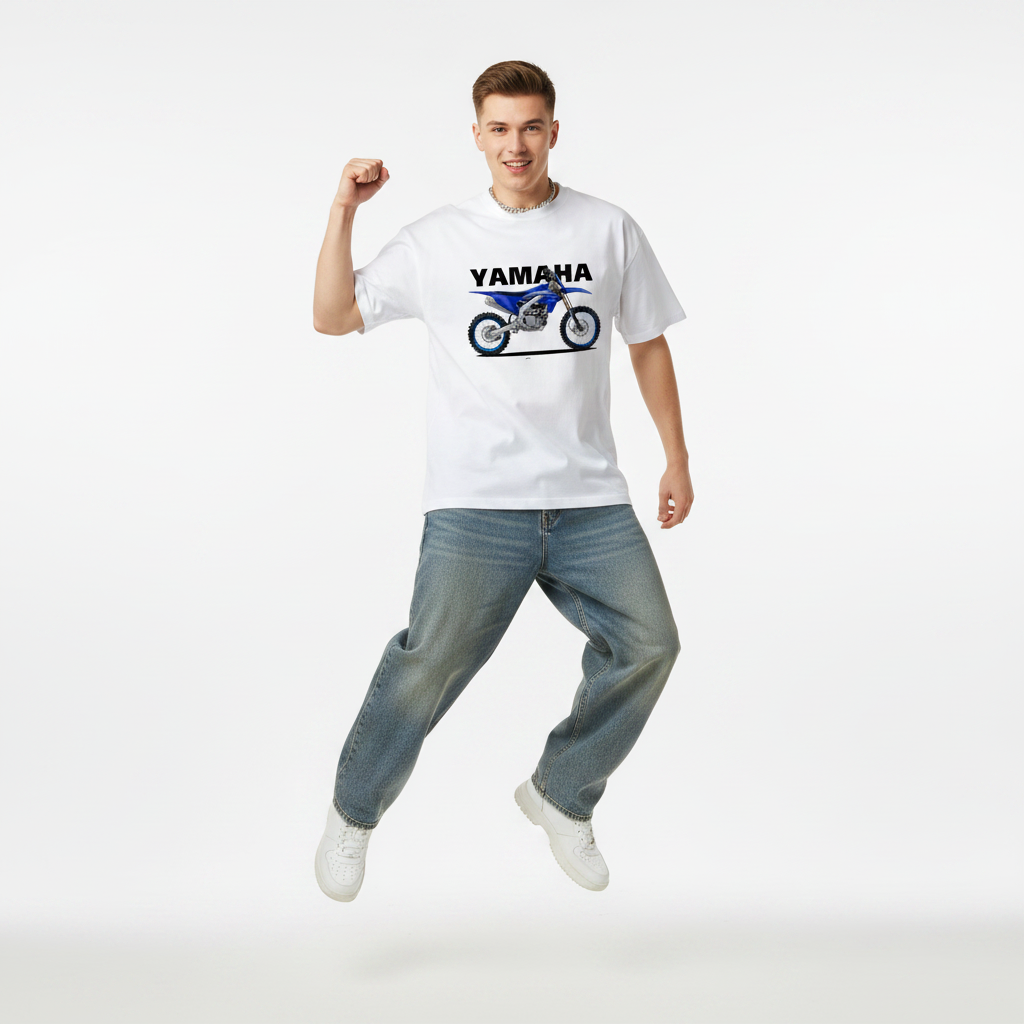 Male model front pose - jump fist pump - Yamaha YZ250 white tee