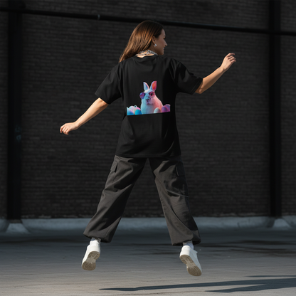 Female model back pose - jumping mid-air Gen-Z - bunny black tee
