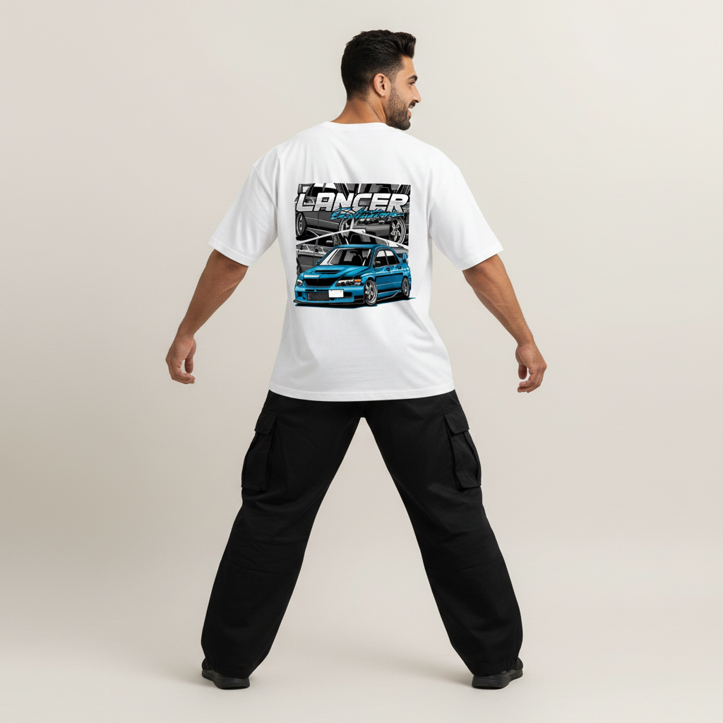 S2 - Model wide stance arms out back to camera with Lancer Evo back print