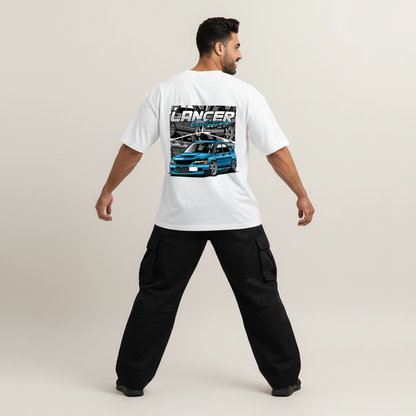 S2 - Model wide stance arms out back to camera with Lancer Evo back print