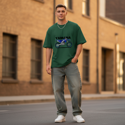 Male model front pose - weight shift hand in pocket - Yamaha YZ250 bottle green tee
