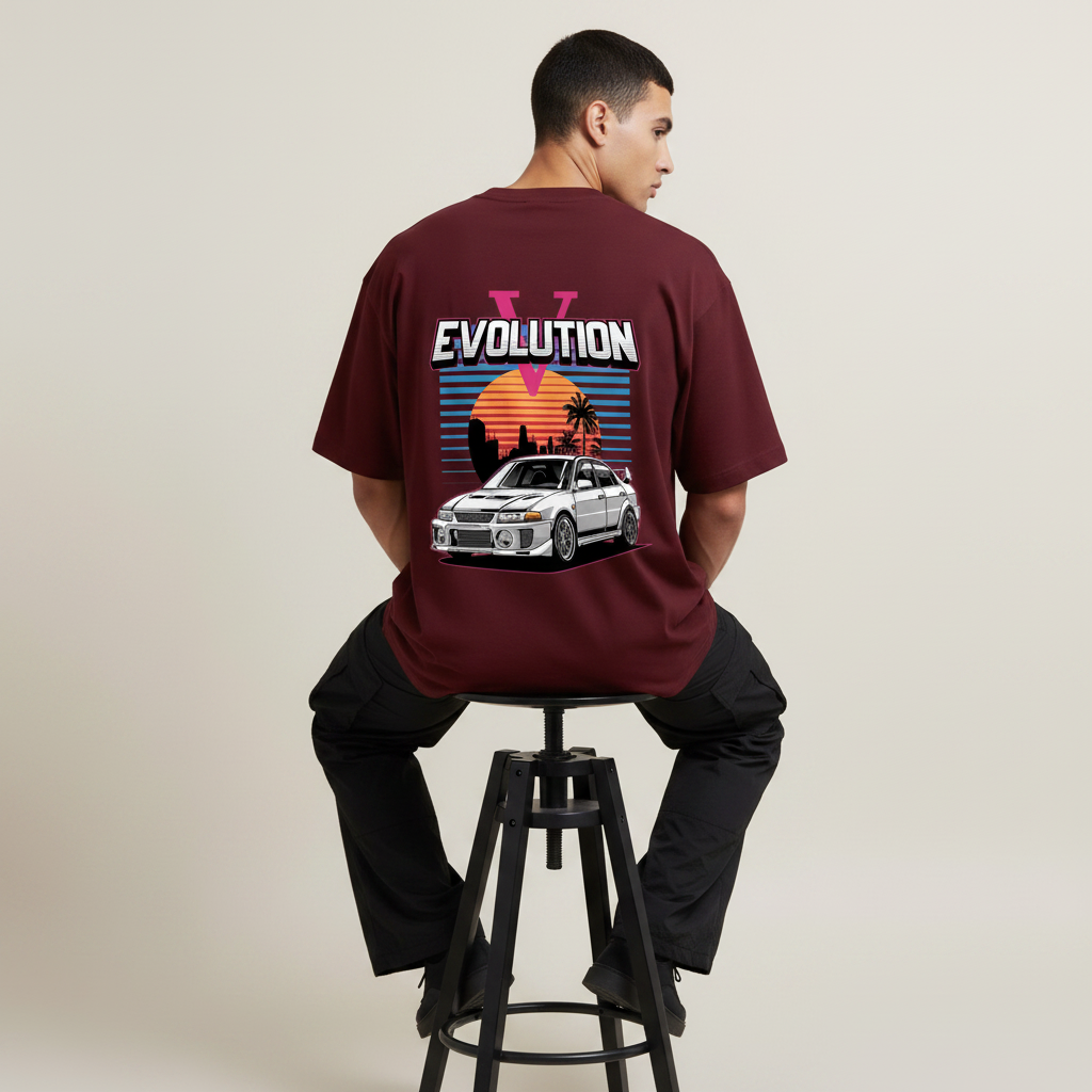 S1 - Model sitting on stool back to camera with Lancer Evolution back print