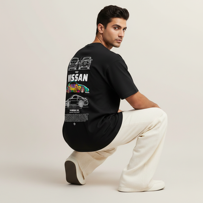 S2 - Model crouching one knee back to camera with Nissan 350Z back print