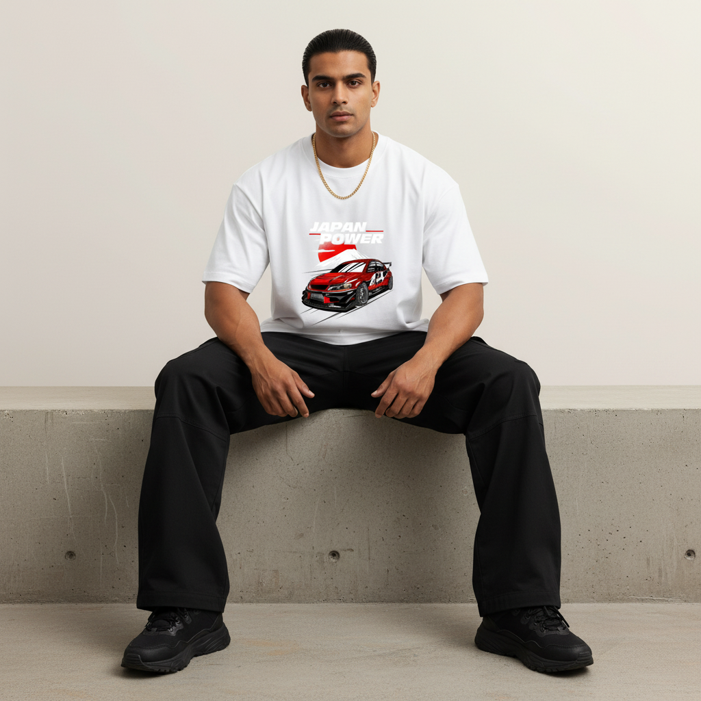 S2 - Model sitting on ledge front facing with Japan Power Lancer front print