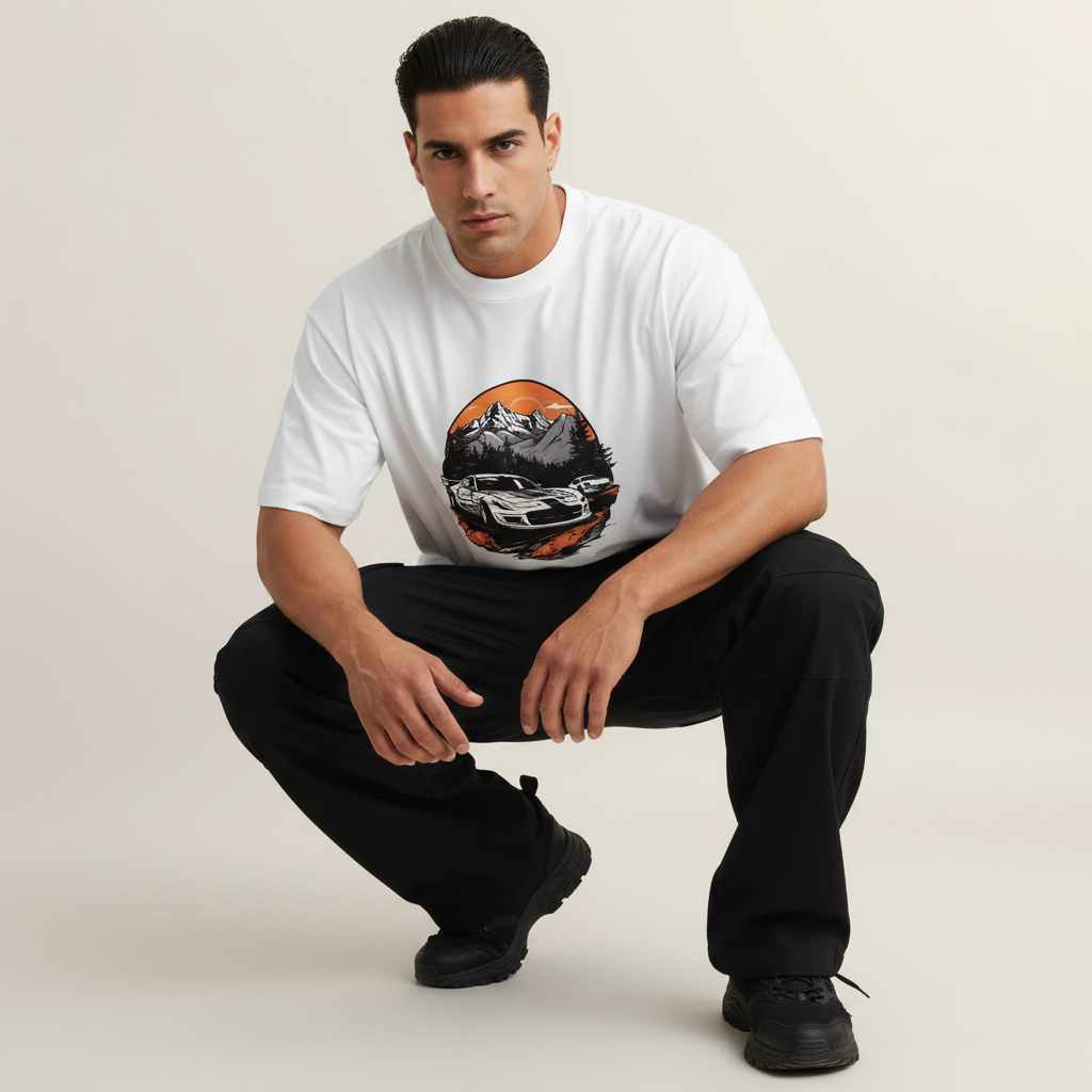 S2 - Model crouching front facing with C6 Edition front print