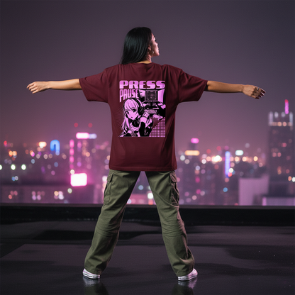 Maroon Press Pause Lady Back Pose 2
