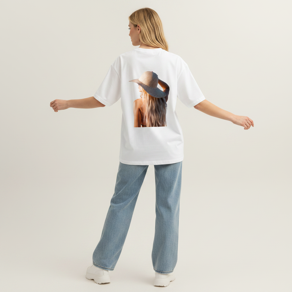 Straw Hat Lady White Tee Back Pose 1