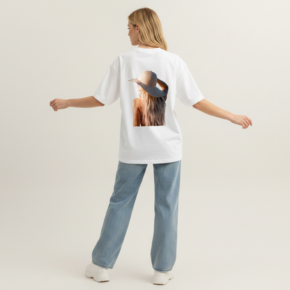Straw Hat Lady White Tee Back Pose 1