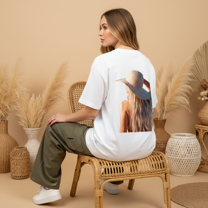 Straw Hat Lady White Tee Back Pose 3